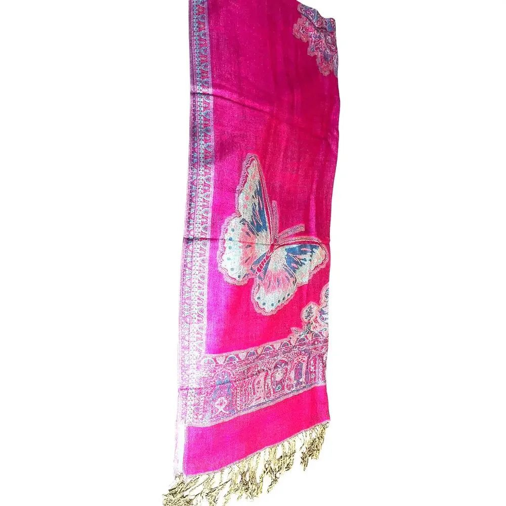 100 % Cashmere Pashmina Reversible Teal and Pink Butterflies and Medallion NWT